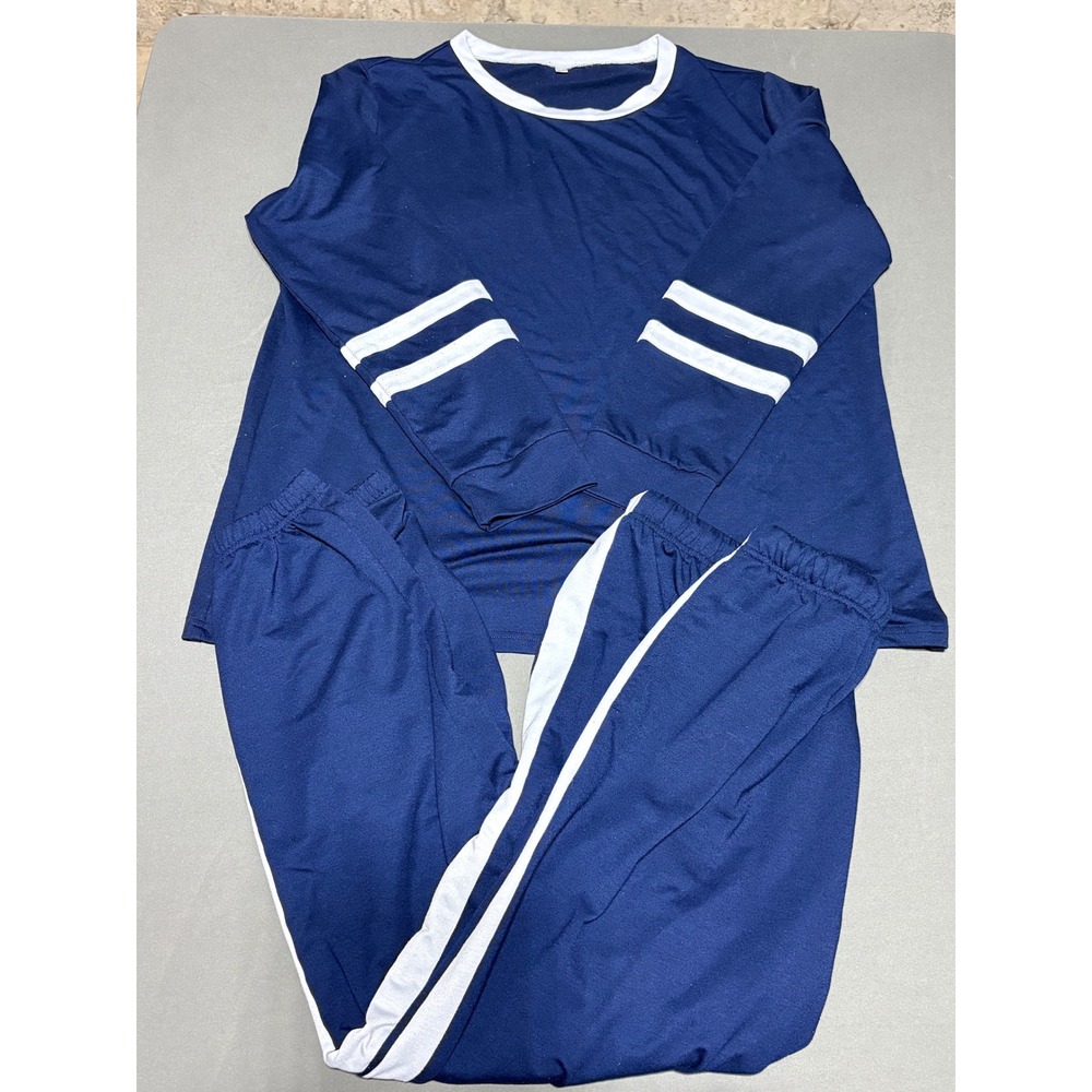 Navy Blue 2 Piece Lounge Set Long Sleeve Top and Joggers White Stripe 2XL